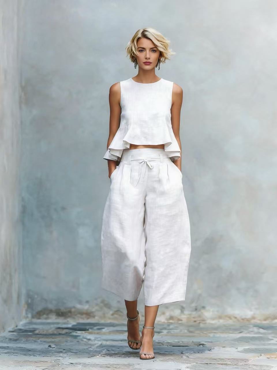Linen Ruffle Crop Top Tie Waist Culotte Two Piece Set