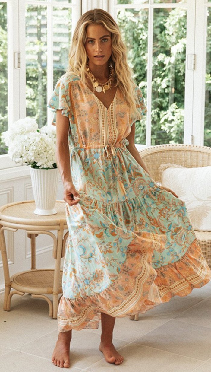 Women'S New Bohemian Holiday Long Skirt Positioning Flower Single-Breasted Dress