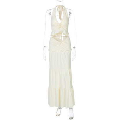 Sexy V-Neck Ruffle Hem Halter Maxi Dress Set