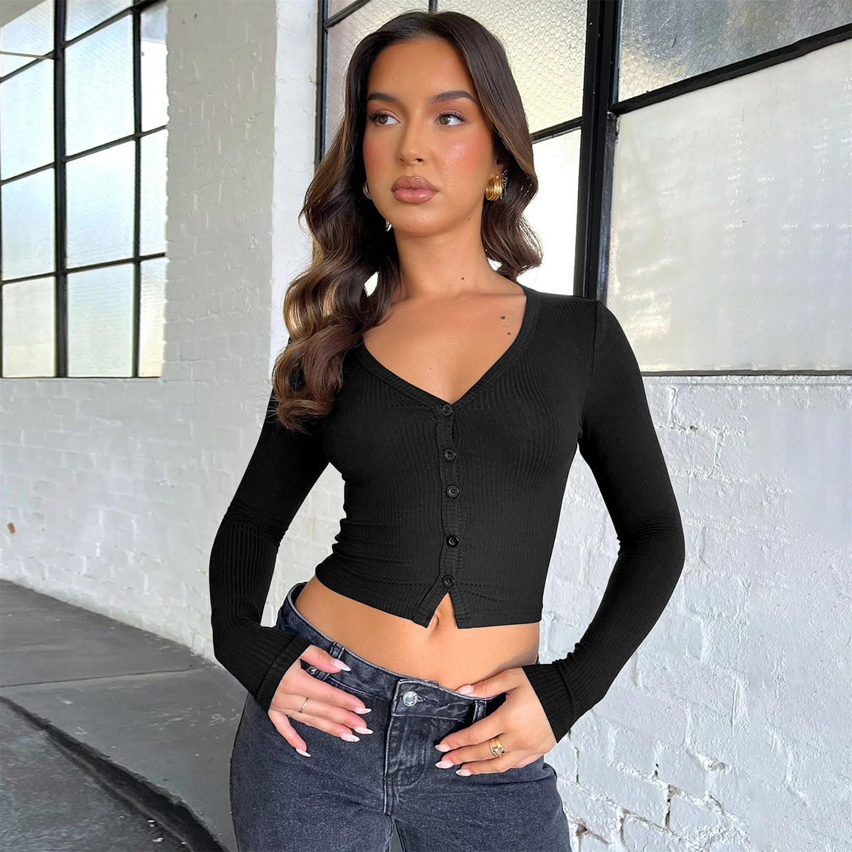 Button-Detail Ribbed Cardigan Casual V-Neck Long Sleeve Top