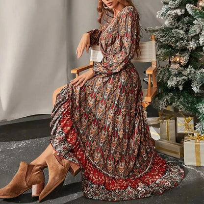 Spot Women Dress Autumn New Long-Sleeved Swing Bohemian Print Dress