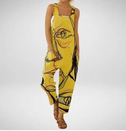 Summer Abstract Printing Loose Cotton Linen Suspender Button Suspender Jumpsuit