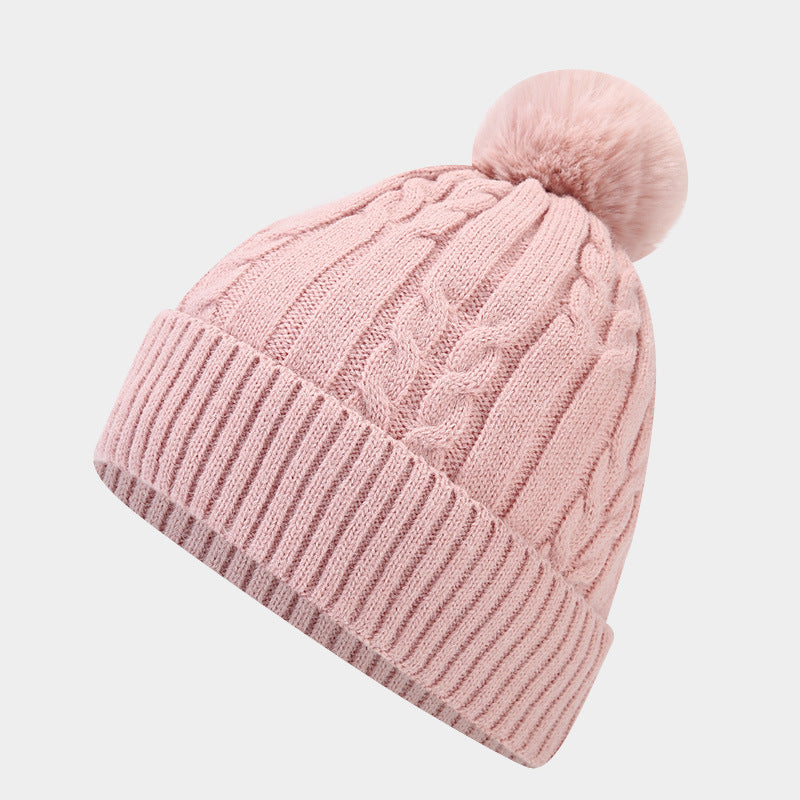 Twist Padded Solid Color Knit Pom Beanie