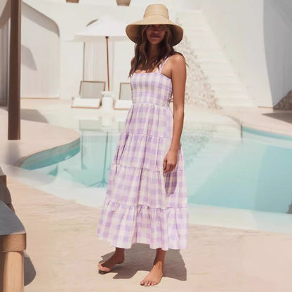 Plaid Color Block Ruffle Sleeveless Dress