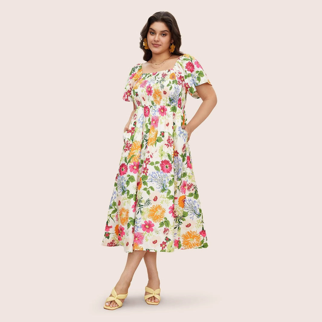 Plus Size A-Line Floral Maxi Dress With Square Neck