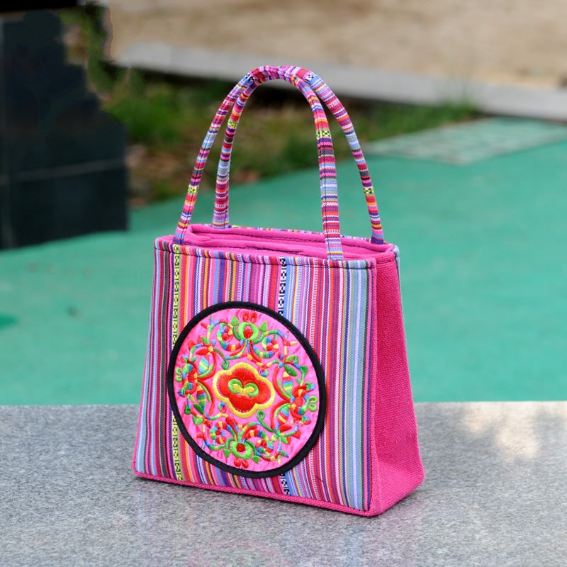 New Ethnic Style Bag Women'S Handheld Double Pull Bag Versatile Small Square Bag Striped Hand Bag