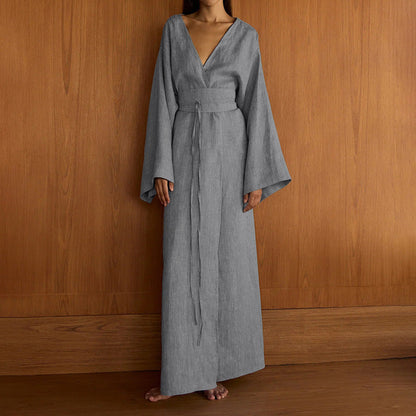 Casual Cross-Design Lace-Up French Dress V-Neck Long Sleeve High Waist Maxi Dress
