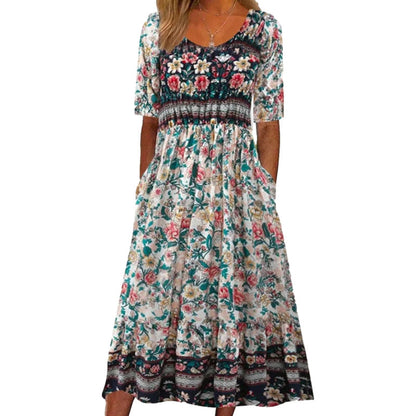 Summer New Women'S Round Neck Short Sleeve Long Skirt Bohemian Print Dress