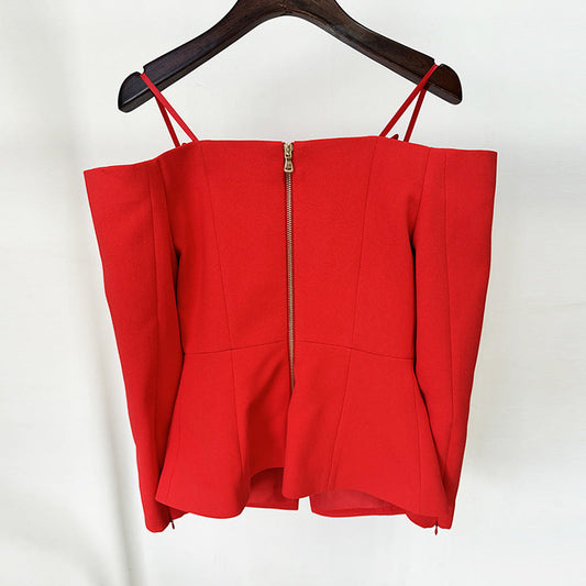 Red Zippered Blazer with Off-Shoulder Design