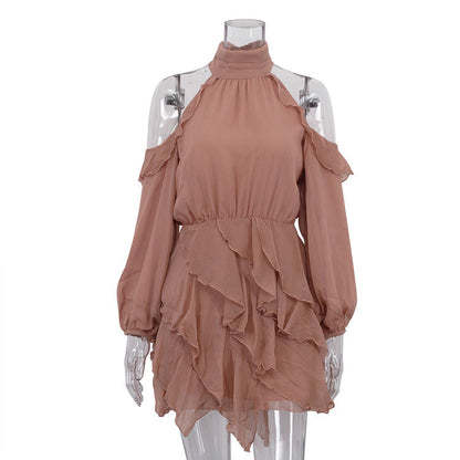 Elegant Chiffon A-Line Dress with Halter Neck and Long Sleeves
