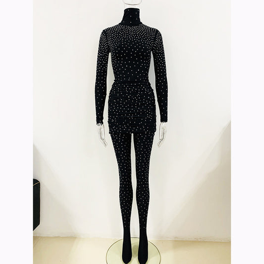 Fashion Rhinestone High Neck Long Sleeve Bodysuit & Ruffled Skirt Set