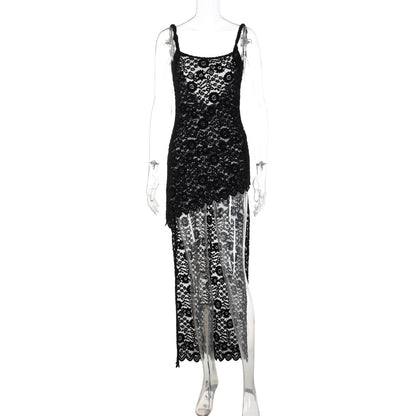 Sexy Lace Backless Midi Dress with Spaghetti Straps