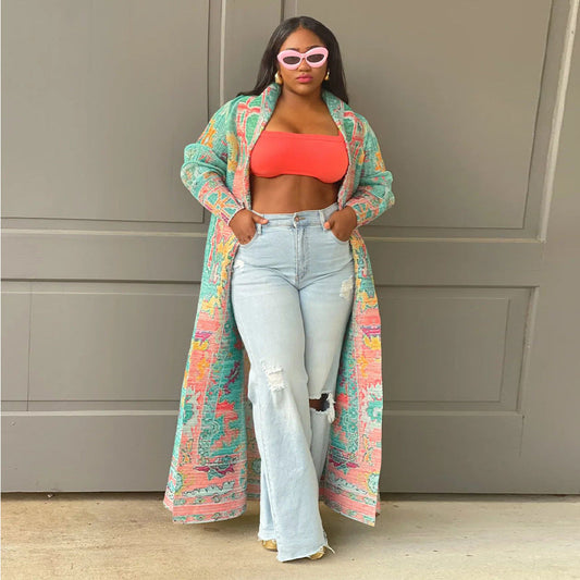 Plus Size Long Coat With Pleated Print For Women