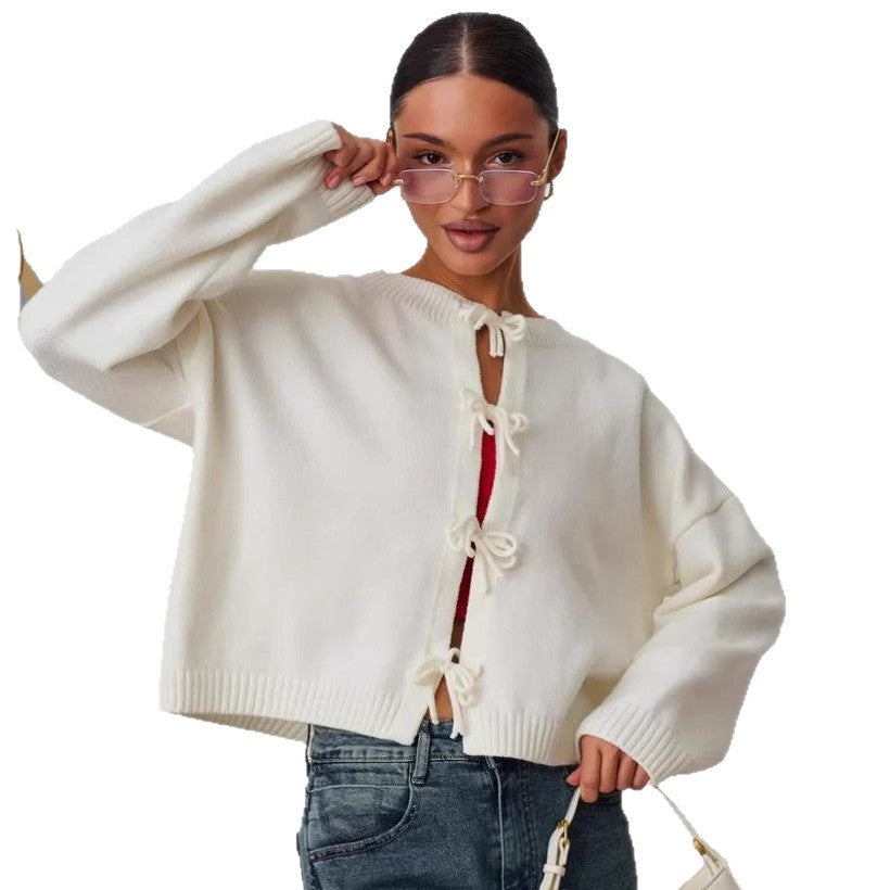 Autumn And Winter Casual Loose Cardigan Lace-Up Solid Color Knitted Sweater Women