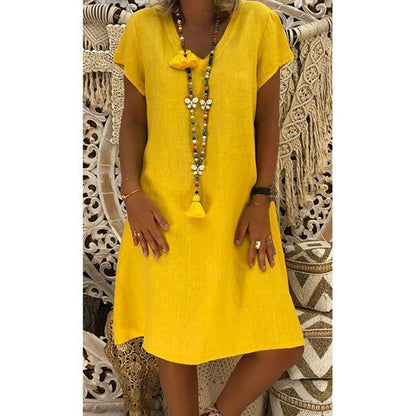 Short Sleeve Medium Skirt V-Neck Dress
