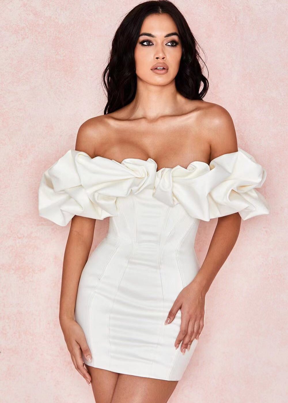 Off Shoulder Mini Dress White Lightweight Fabric
