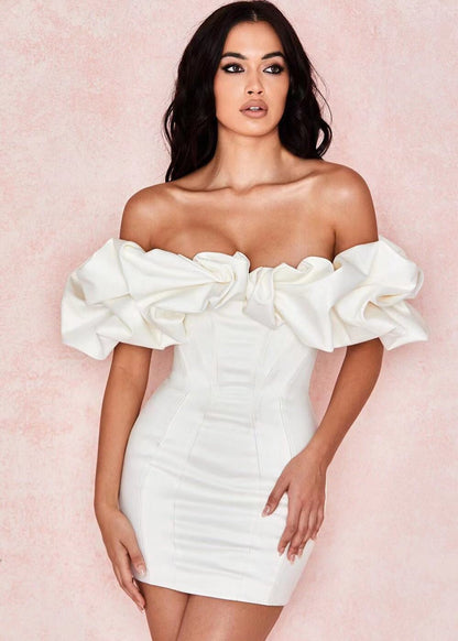 Off Shoulder Mini Dress White Lightweight Fabric