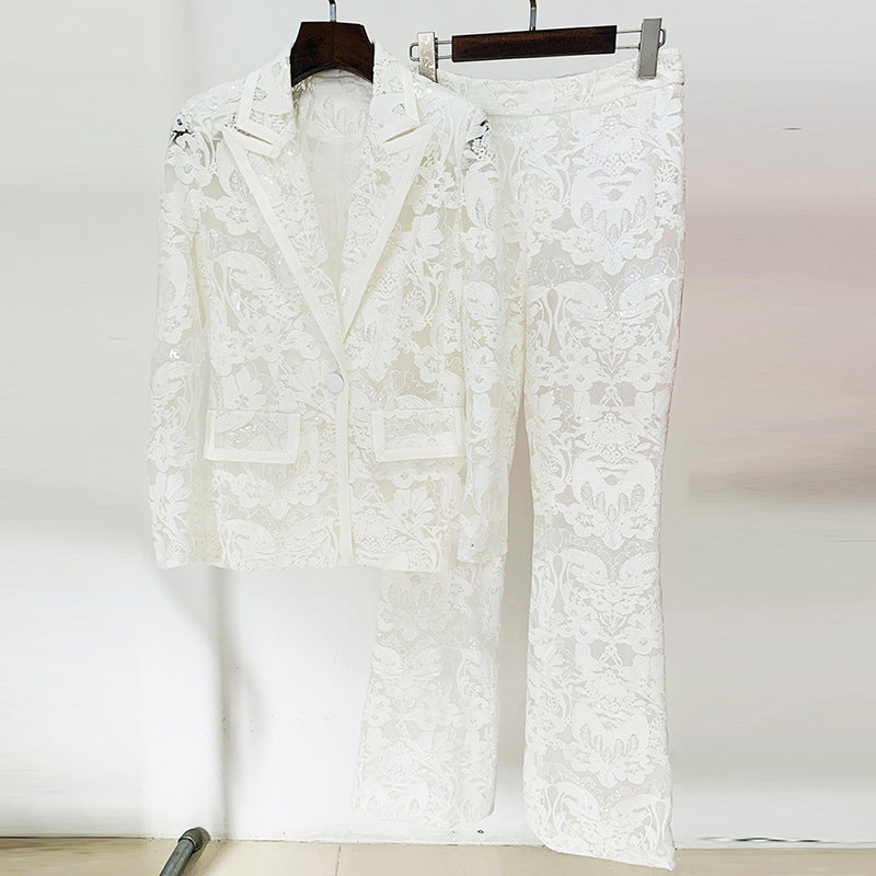 Elegant Embroidered Sequin Blazer And Trousers Set