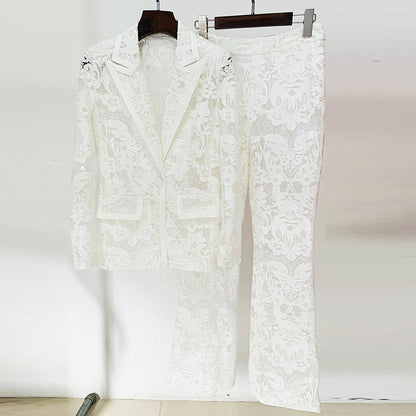 Elegant Embroidered Sequin Blazer And Trousers Set