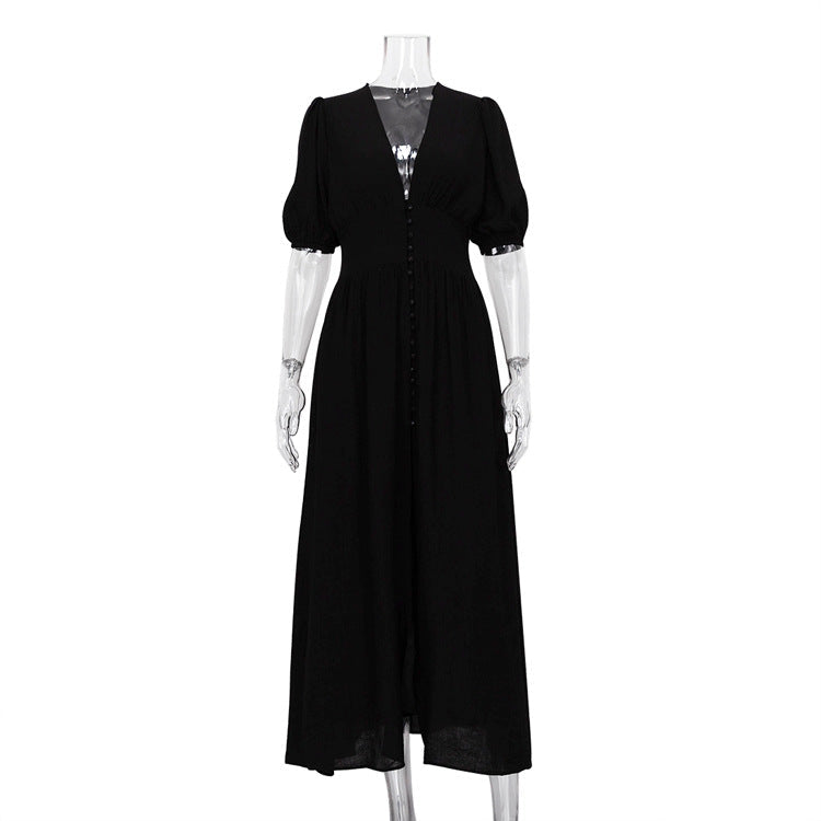 Elegant Puff Sleeve Fitted Maxi Dress with Slit