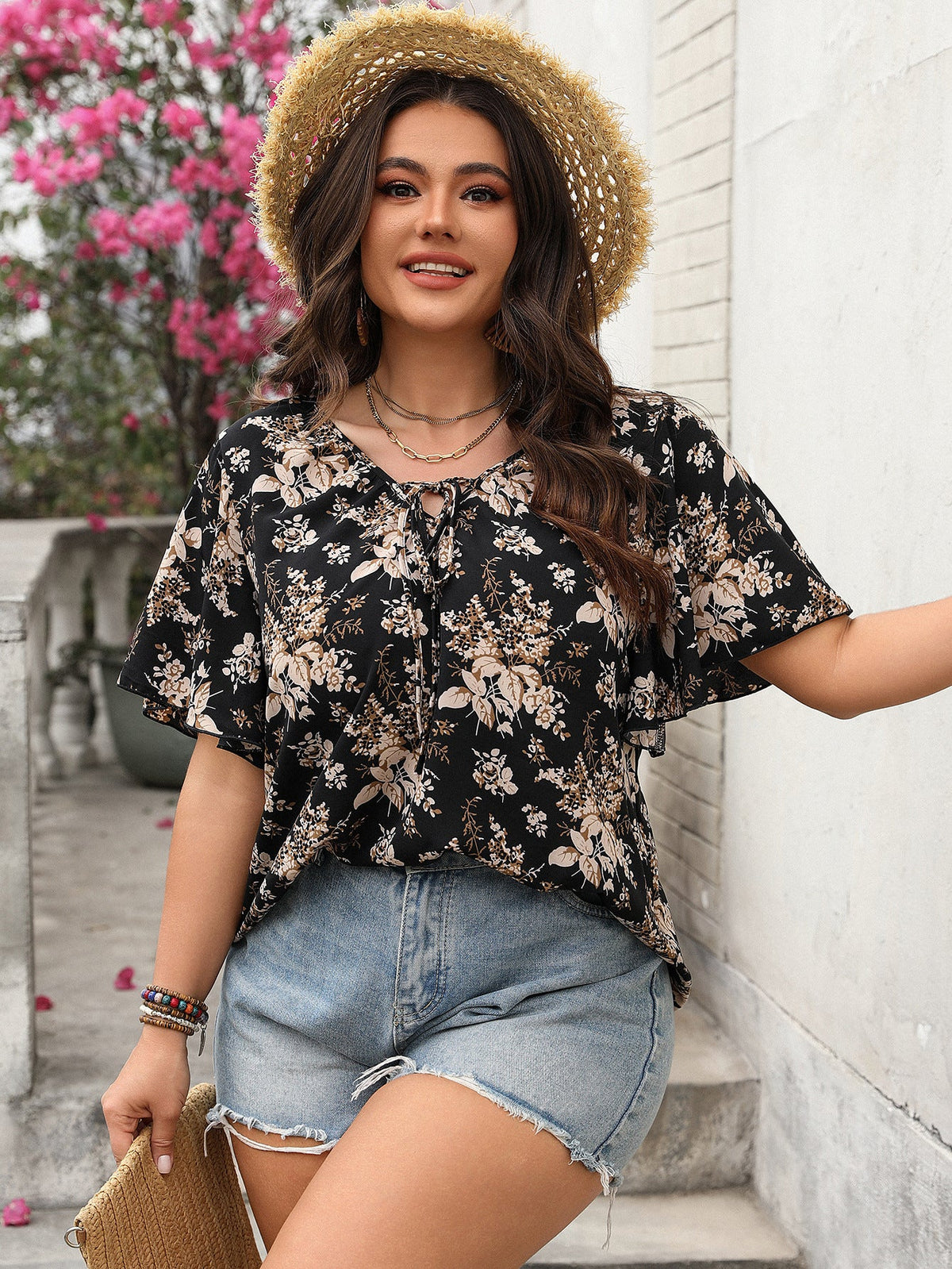 Casual Printed Short Sleeve Top For Plus Size Women