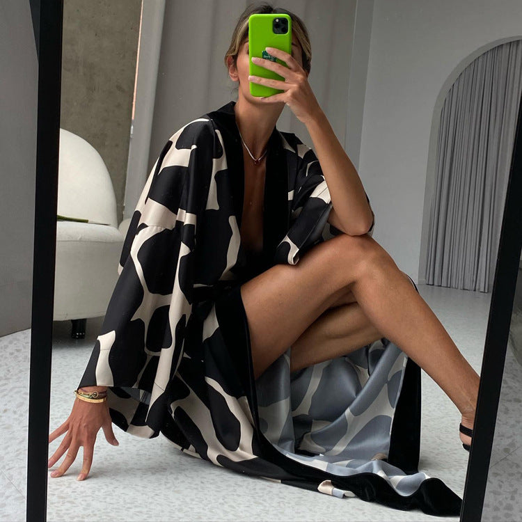 Satin Feel Sleepwear Women's Robe with V-Neck for Home