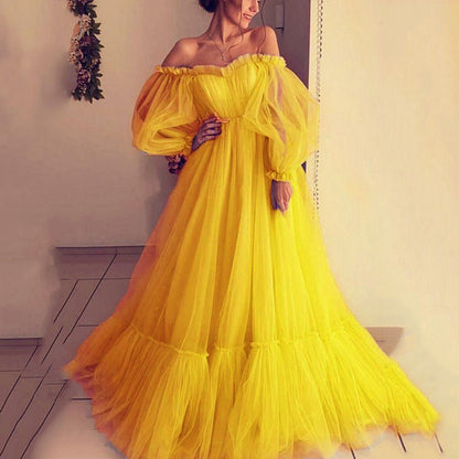 Off-The-Shoulder Tulle Wedding Dress with Long Sleeves