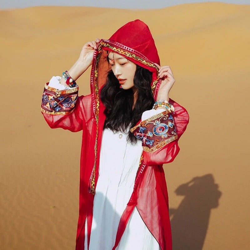 Ethnic Style Sunscreen Cardigan Women'S Thin Desert Hooded Jacket Embroidered Retro Chiffon Beach Blouse Loose Outside