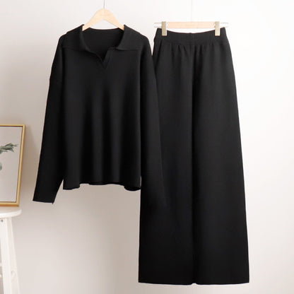 Knitted Two-Piece Set Polo Neck Sweater and Wide Leg Pants