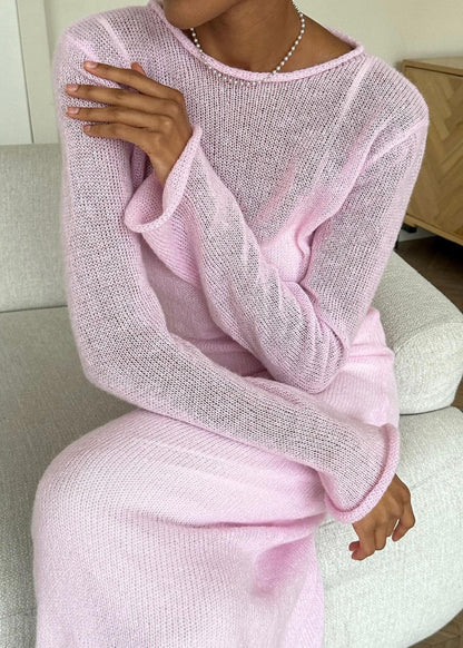 Sheer Knit Layered Maxi Dress Soft Pink