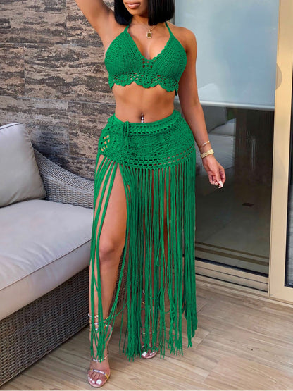 Women鈥檚 Crochet Beach Bikini Top With Fringe Skirt Two-Piece Set