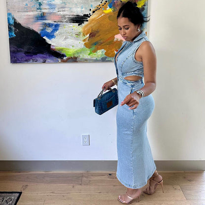 Trendy Sleeveless Denim Dress With Lapel Collar