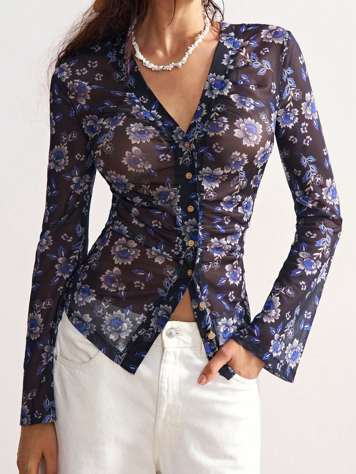 Elegant Floral Print V- Neck Long Sleeve Blouse