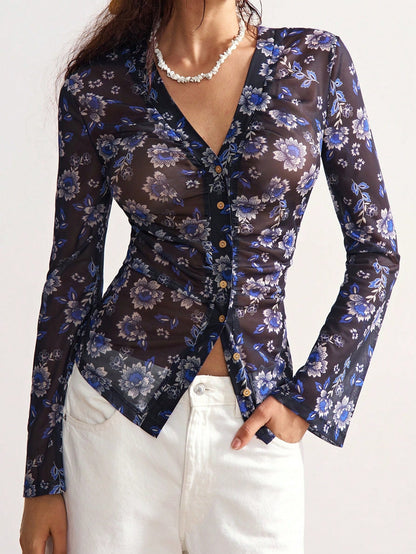 Elegant Floral Print V- Neck Long Sleeve Blouse