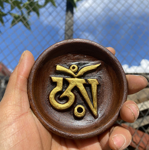 Nepalese Gilded Gray Pottery With Six Character Mantra Circular Handmade Incense Holder