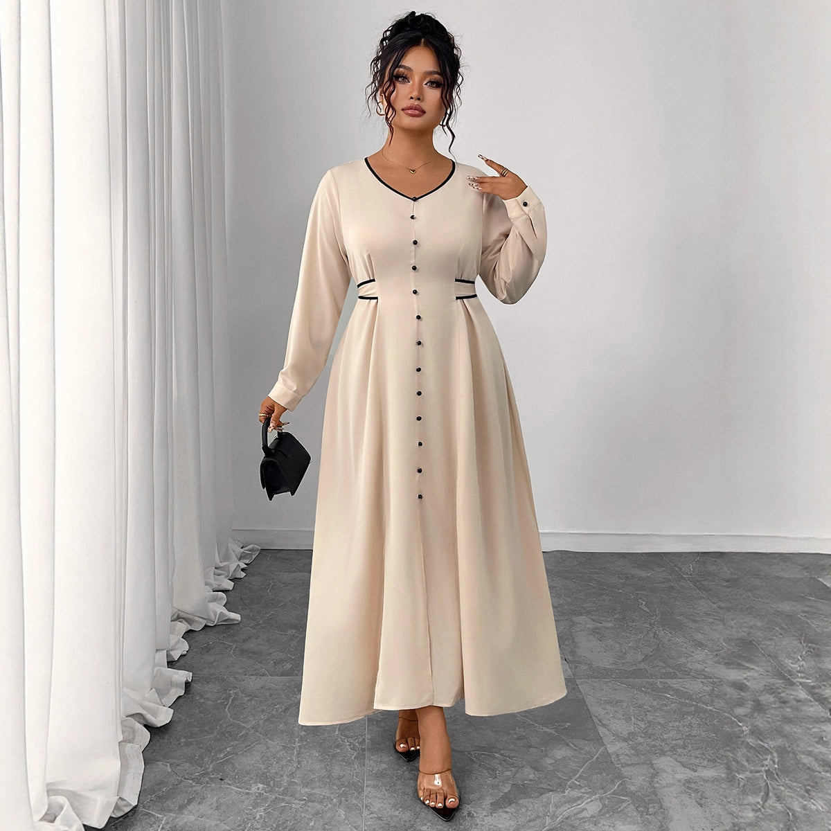 Plus Size Waist-Defining Long Sleeve Dress