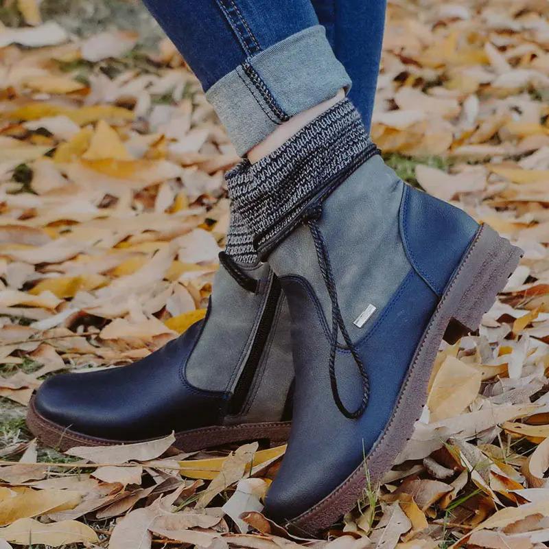 Round Toe Women'S Leather Boots With Side Zipper, Thick Heel, Warm Martin Boots, Low-Heeled Plus Size Women'S Boots