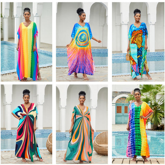 New Cotton Positioning Printed Beach Blouse, Robe-Style Holiday Sunscreen Shirt, Bikini Outer Blouse