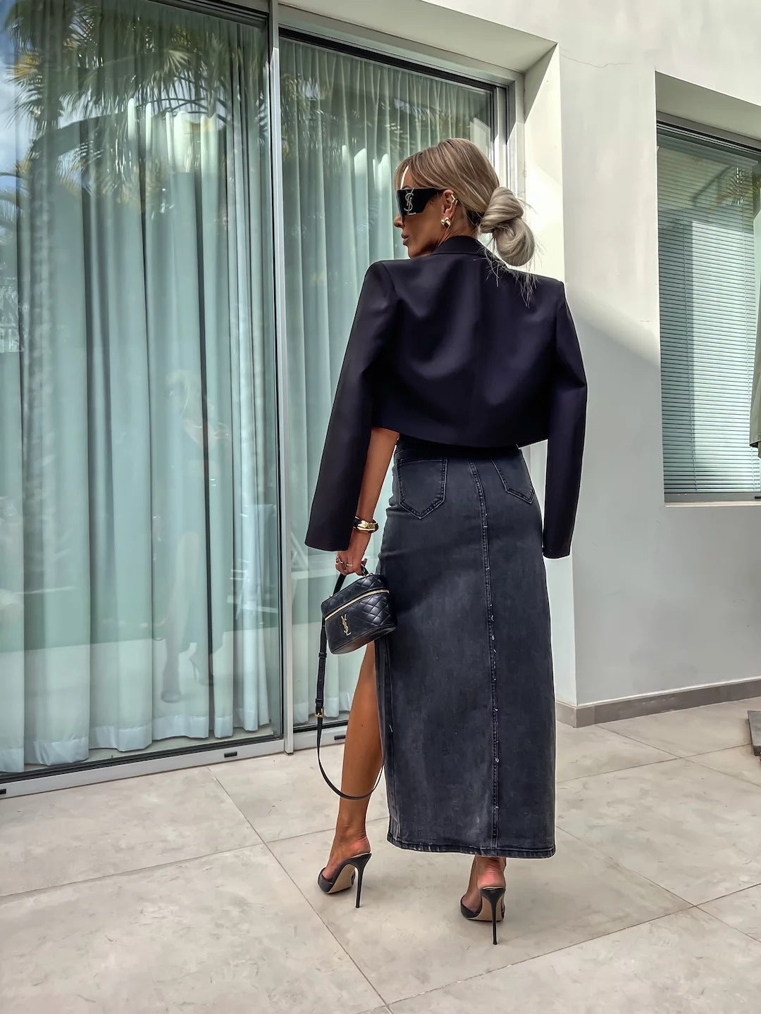 Vintage High-Waisted Denim Maxi Skirt with Slit