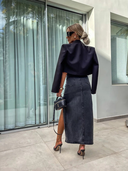 Vintage High-Waisted Denim Maxi Skirt with Slit