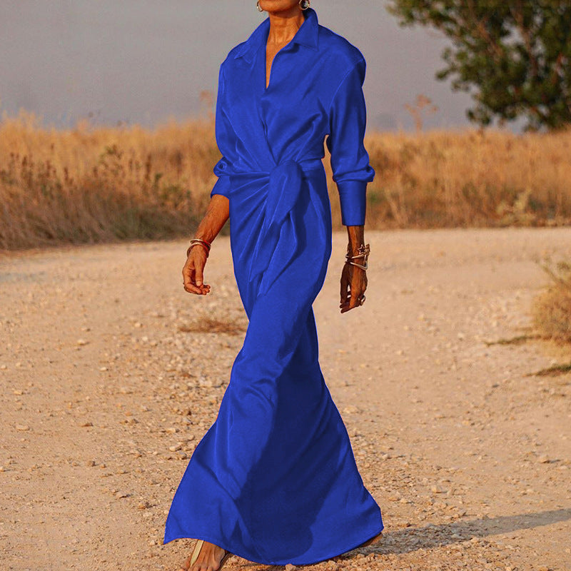 Women'S Tie-Up High-Rise Split Mop Dress With Long Sleeves And Lapels Sexy Dress