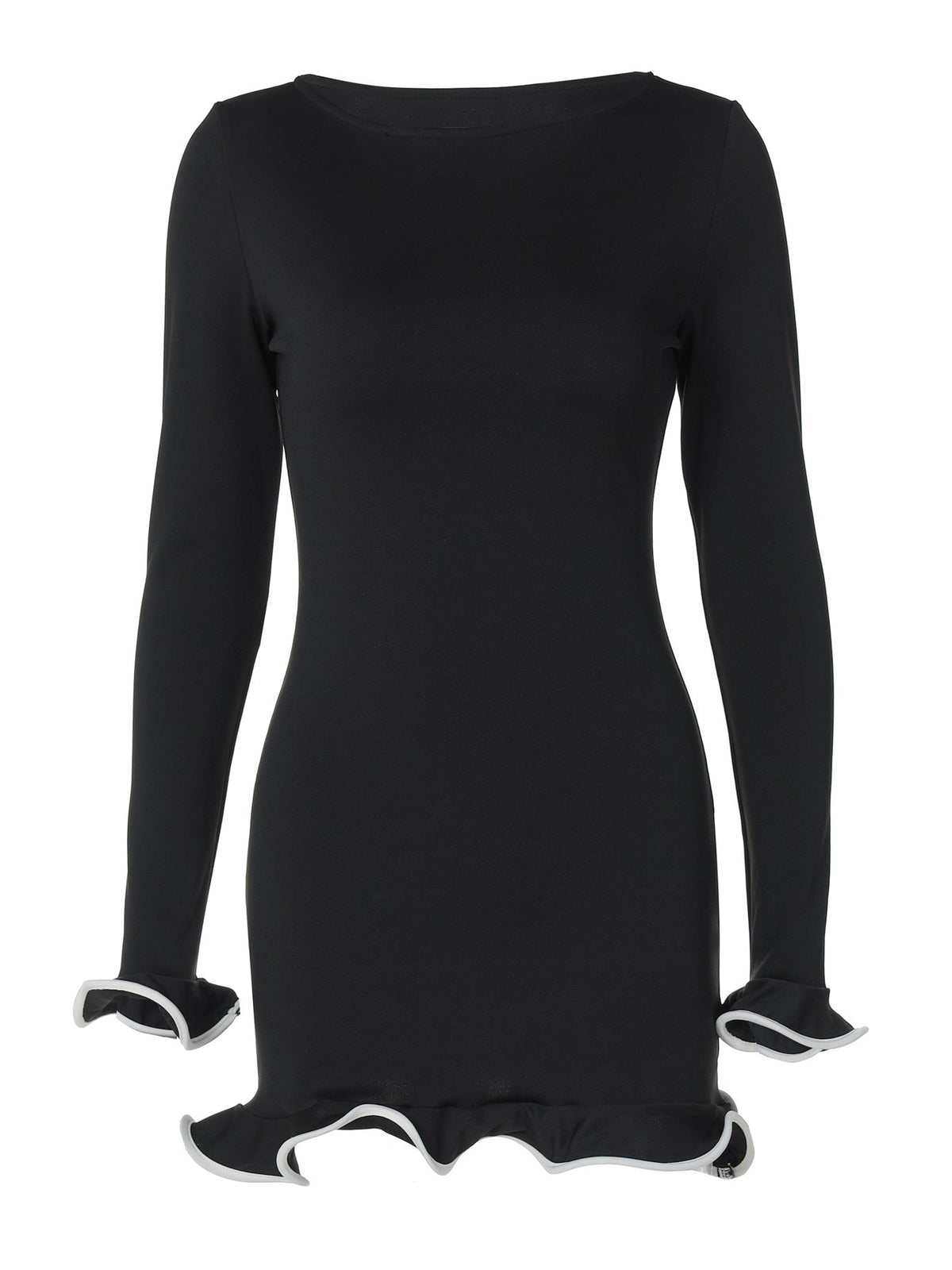 Sexy Ruffled Hem Dress Long Sleeve Knitted Mini Dress