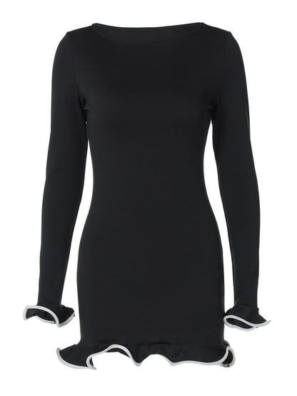Sexy Ruffled Hem Dress Long Sleeve Knitted Mini Dress