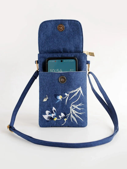 Embroidery Flower Bag Women'S Cotton And Linen Cloth Messenger Bag Small Bag Change Bag Close-Fitting Mobile Phone Bag Ethnic Style Mobile Phone Bag