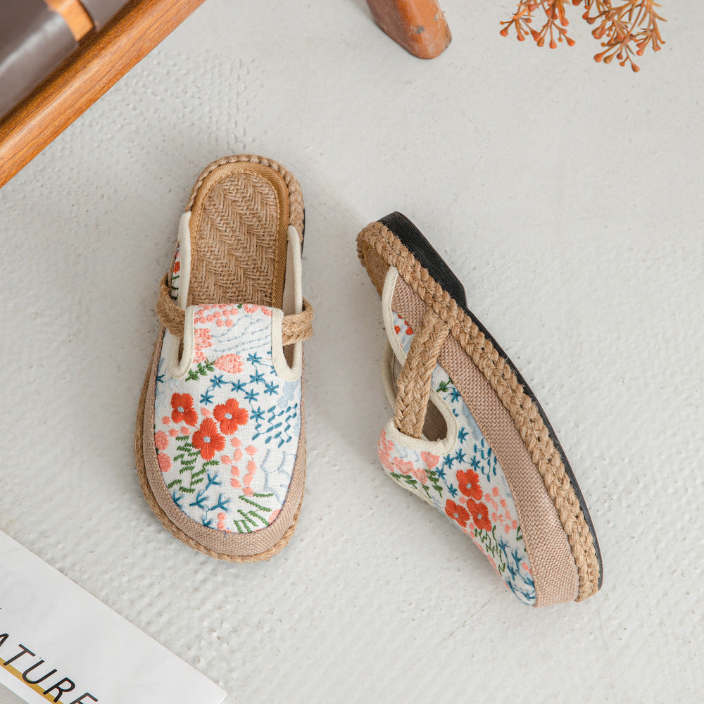 Spring And Summer New Cotton And Linen Slippers Women'S Ethnic Style Hand-Sewn Craft Bag Head Flat-Bottomed Slippers