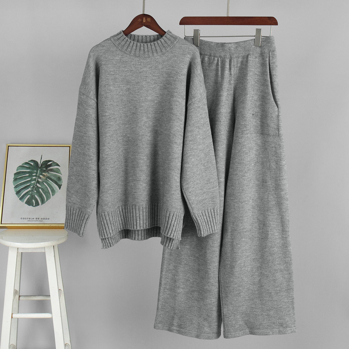 Women's Cozy Knitted High Neck Sweater Set in Solid Gray