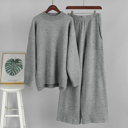 Women's Cozy Knitted High Neck Sweater Set in Solid Gray