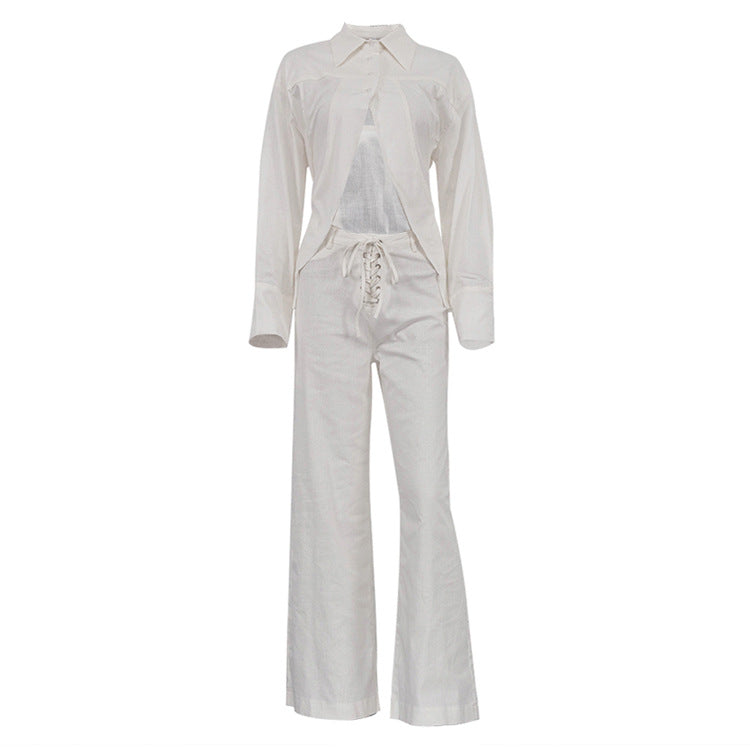 Trendy White Set with Cropped Design Shirt and Wide-Leg Pants