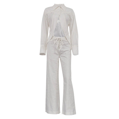 Trendy White Set with Cropped Design Shirt and Wide-Leg Pants