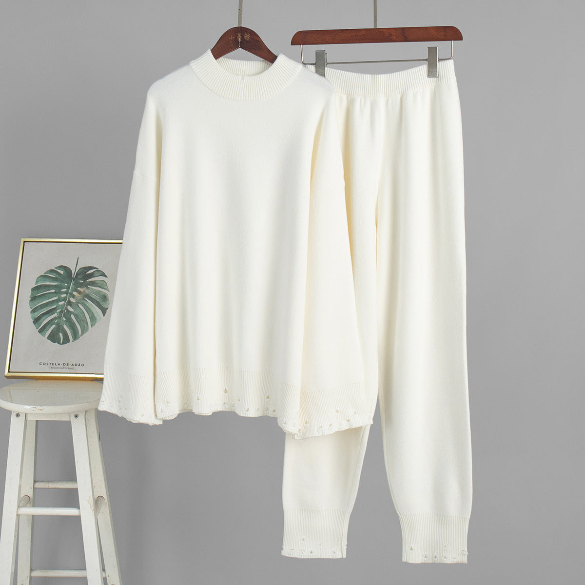 Ripped Sweater Set Women's Casual Knit Pants And Round Neck Sweater